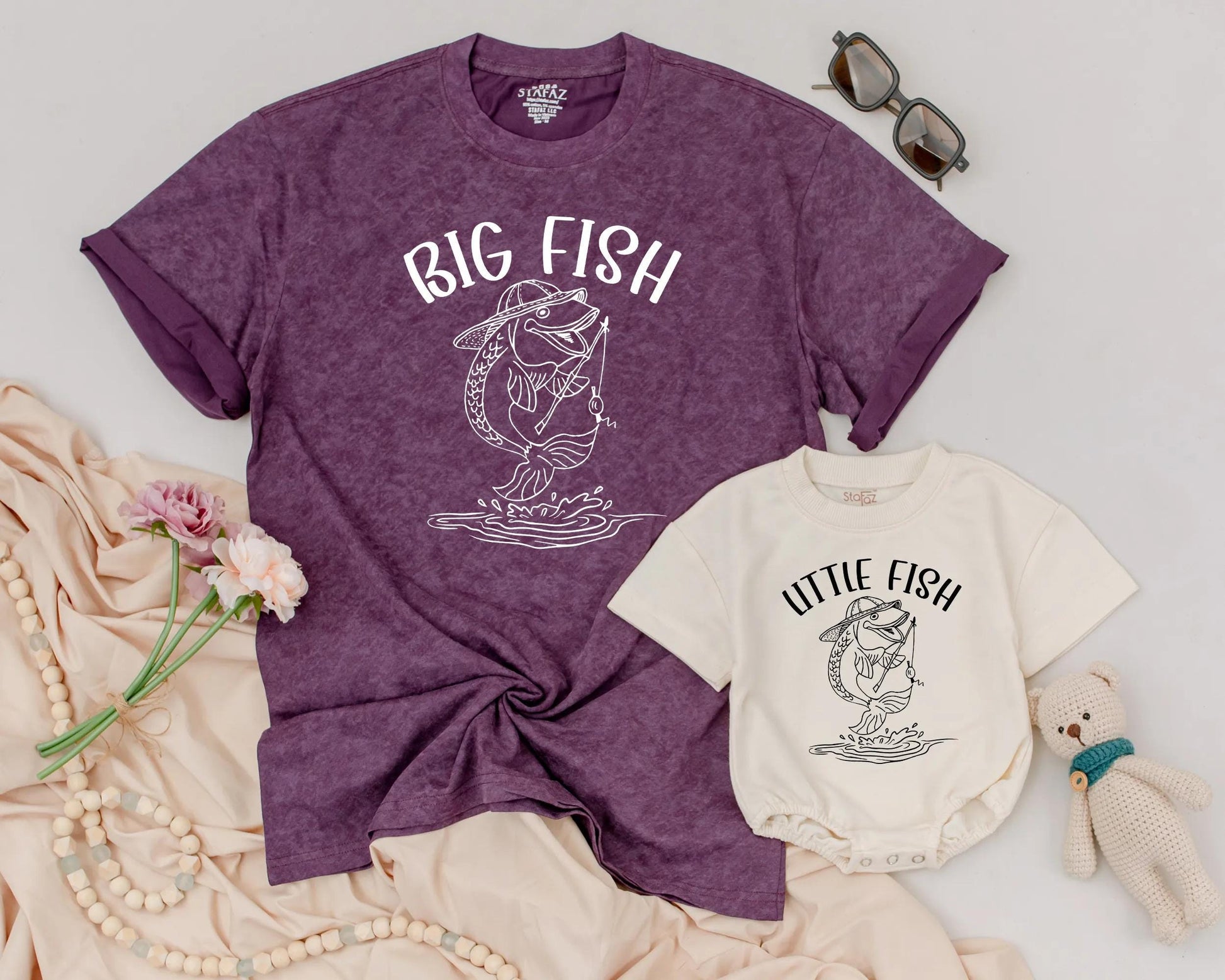 Daddy and Me Big Fish Little Fish Matching Fishing Shirt and Baby Romper Outfit Playful Father Son Line Art Design Father's Day Gift Idea