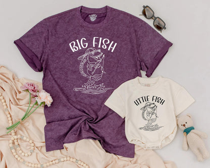 Daddy and Me Big Fish Little Fish Matching Fishing Shirt and Baby Romper Outfit Playful Father Son Line Art Design Father's Day Gift Idea