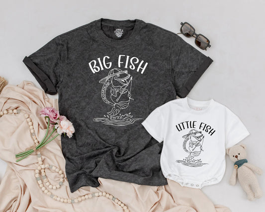 Daddy and Me Big Fish Little Fish Matching Fishing Shirt and Baby Romper Outfit Playful Father Son Line Art Design Father's Day Gift Idea