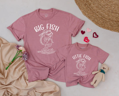 Daddy and Me Big Fish Little Fish Matching Fishing Shirt and Baby Romper Outfit Playful Father Son Line Art Design Father's Day Gift Idea