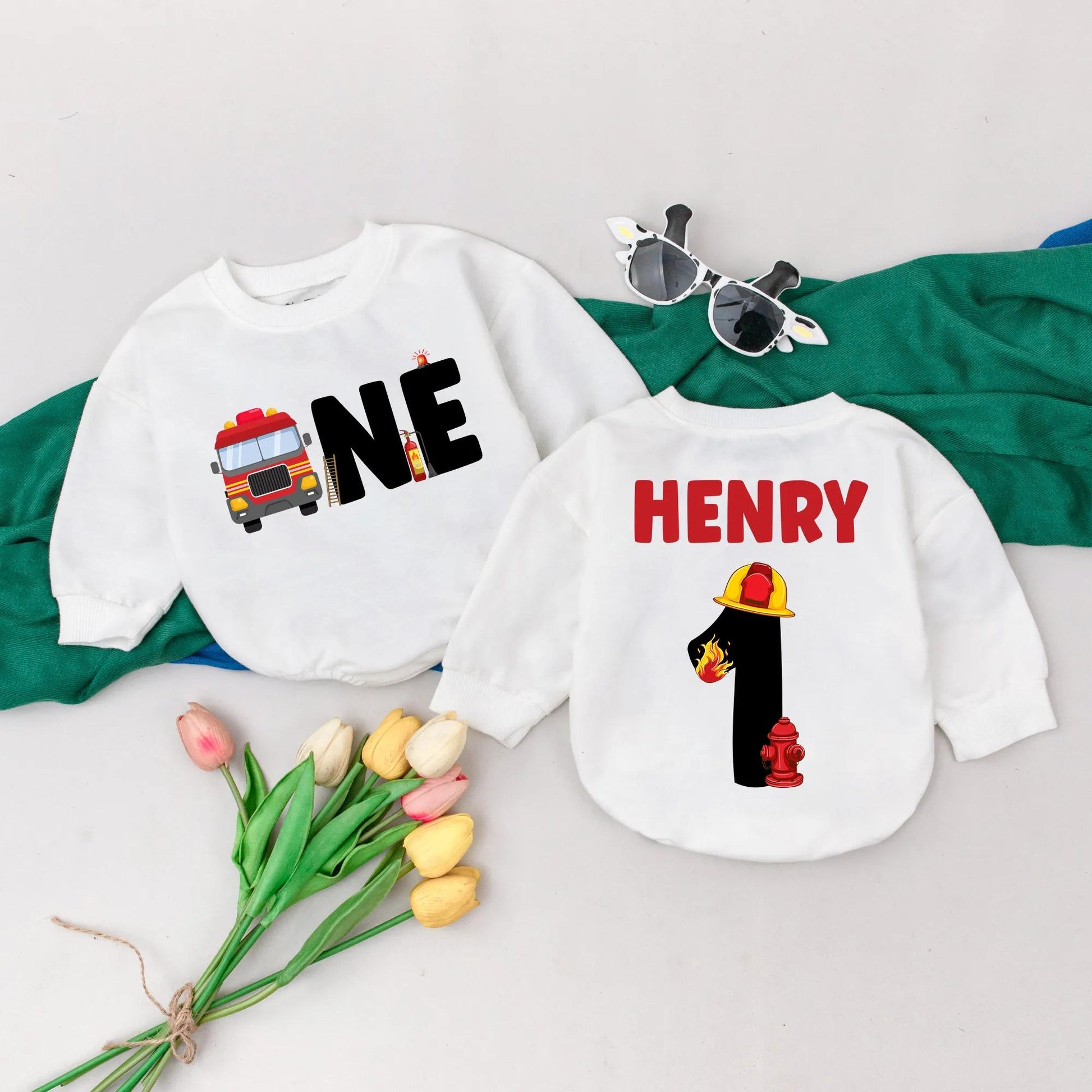Custom Firetruck First Birthday Romper for Baby Boy Firefighter Outfit Personalized First Birthday Party Gift Smash Cake Outfit