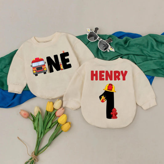 Custom Firetruck First Birthday Romper for Baby Boy Firefighter Outfit Personalized First Birthday Party Gift Smash Cake Outfit