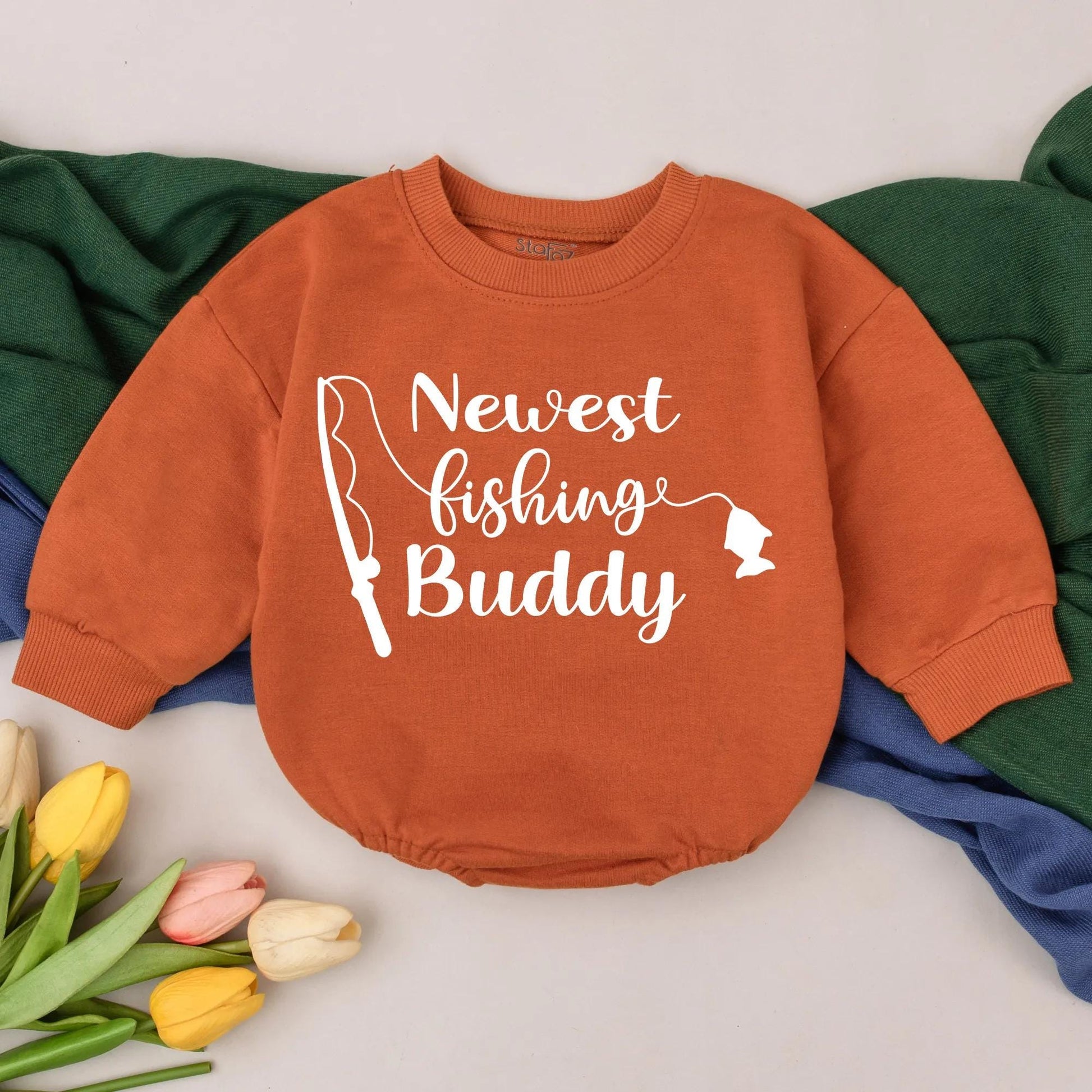 Newest Fishing Buddy Baby Romper for Infants Featuring a "Newest Fishing Buddy" Graphic and Stylized Fishing Rod Daddy's Fishing Buddy Baby Shower Gift