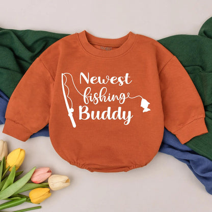 Newest Fishing Buddy Baby Romper for Infants Featuring a "Newest Fishing Buddy" Graphic and Stylized Fishing Rod Daddy's Fishing Buddy Baby Shower Gift