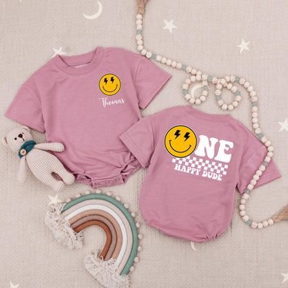 Custom Name One Happy Dude Birthday Romper, Smiley Face Lightning Bolt Eyes 1st Birthday Outfit Baby Boy, Yellow & Black Design