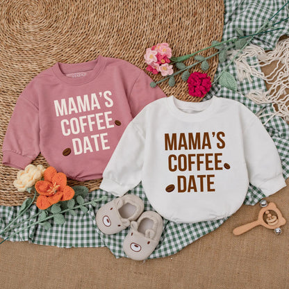 Mama's Coffee Date Baby Bubble Romper Long Sleeve Little Bean Bodysuit Neutral Cozy Minimalist Coming Home Outfit Trendy Baby Shower Gift