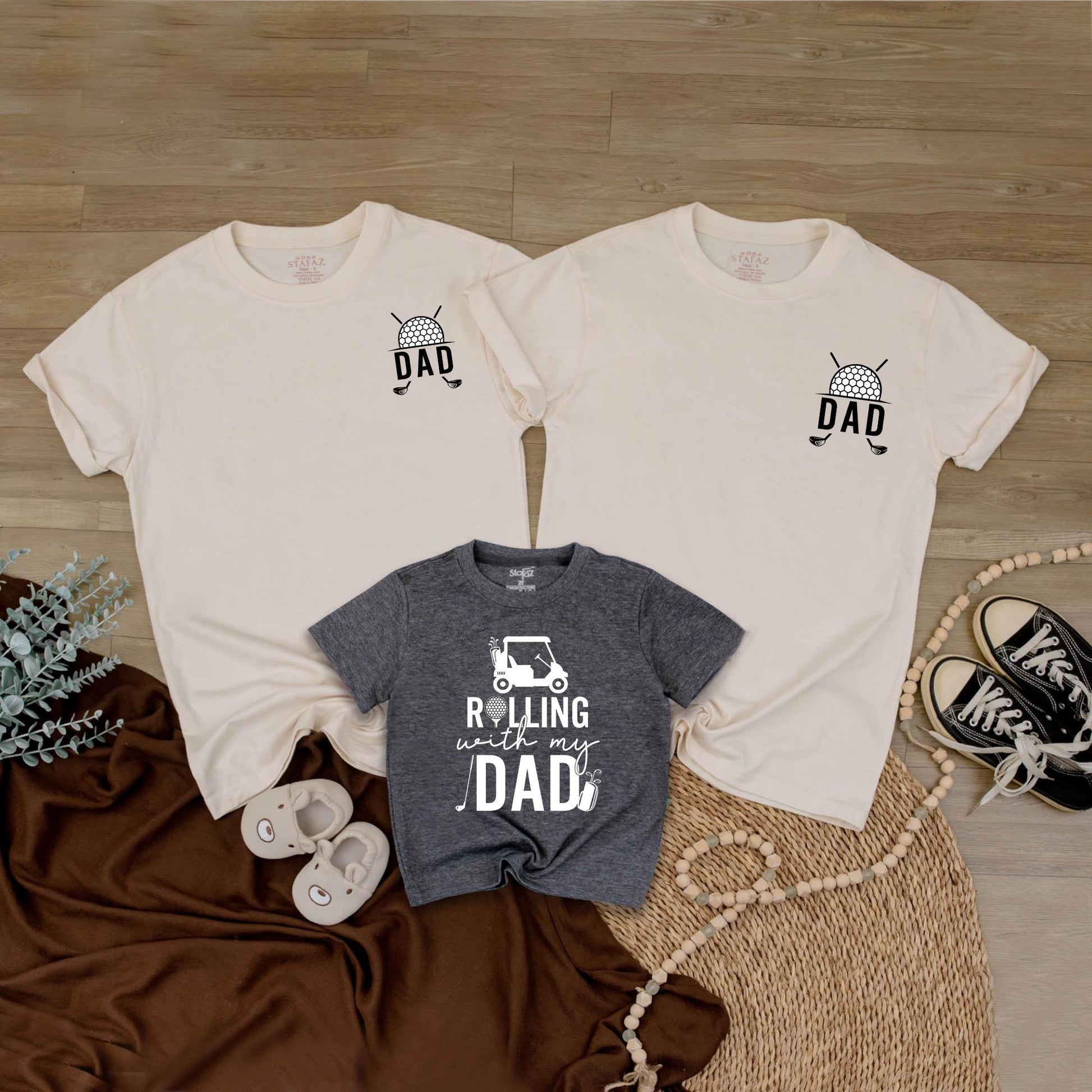 Rolling With My Dad Matching Golf Cart Shirt & Baby Bubble Romper Set Funny Father's Day Gift for Dads & Babies Monochromatic Design