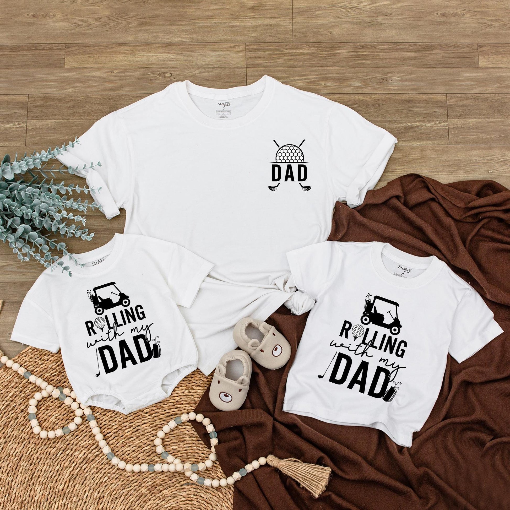 Rolling With My Dad Matching Golf Cart Shirt & Baby Bubble Romper Set Funny Father's Day Gift for Dads & Babies Monochromatic Design