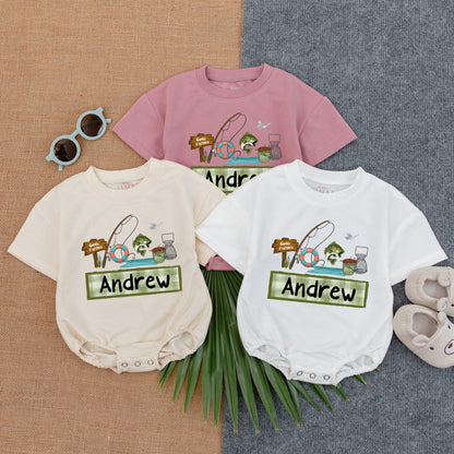Custom Name Fishing Buddy Bubble Romper for Baby Boy Personalized Daddy and Me Outfit Father's Day Gift