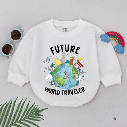 Future World Traveler Baby Romper Adventure Outfit, Cute Explorer Baby Boy or Girl Gift, Travel Baby Shower Gift 135 Characters
