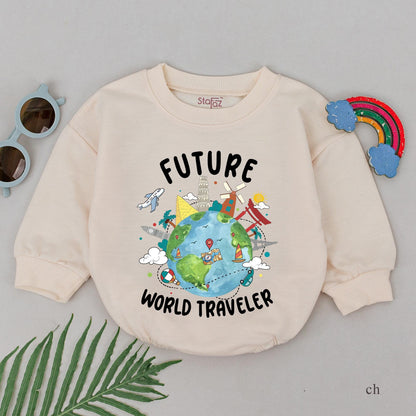 Future World Traveler Baby Romper Adventure Outfit, Cute Explorer Baby Boy or Girl Gift, Travel Baby Shower Gift 135 Characters