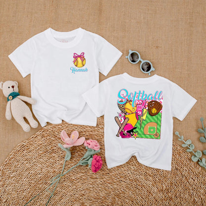 Personalized Softball Pink Bubble Romper for Baby Girls Game Day Outfit Sporty Summer Clothes Custom Name