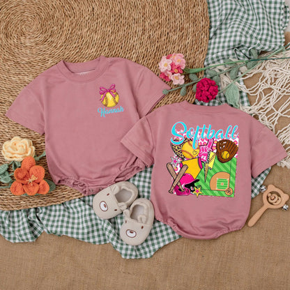 Personalized Softball Pink Bubble Romper for Baby Girls Game Day Outfit Sporty Summer Clothes with Custom Name