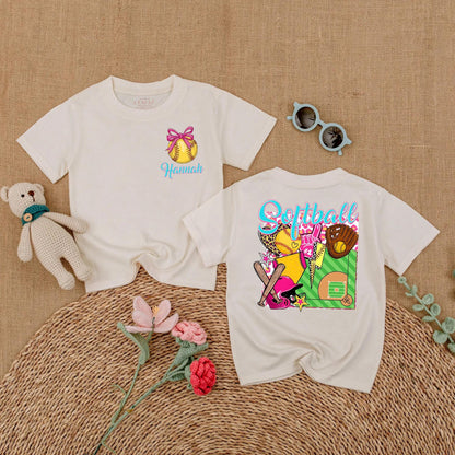 Personalized Softball Pink Bubble Romper for Baby Girls Game Day Outfit Sporty Summer Clothes with Custom Name