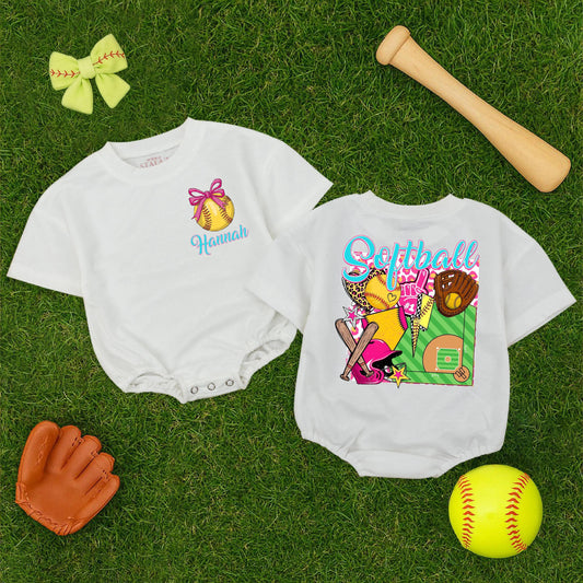 Personalized Softball Pink Bubble Romper for Baby Girls Game Day Outfit Sporty Summer Clothes Custom Name