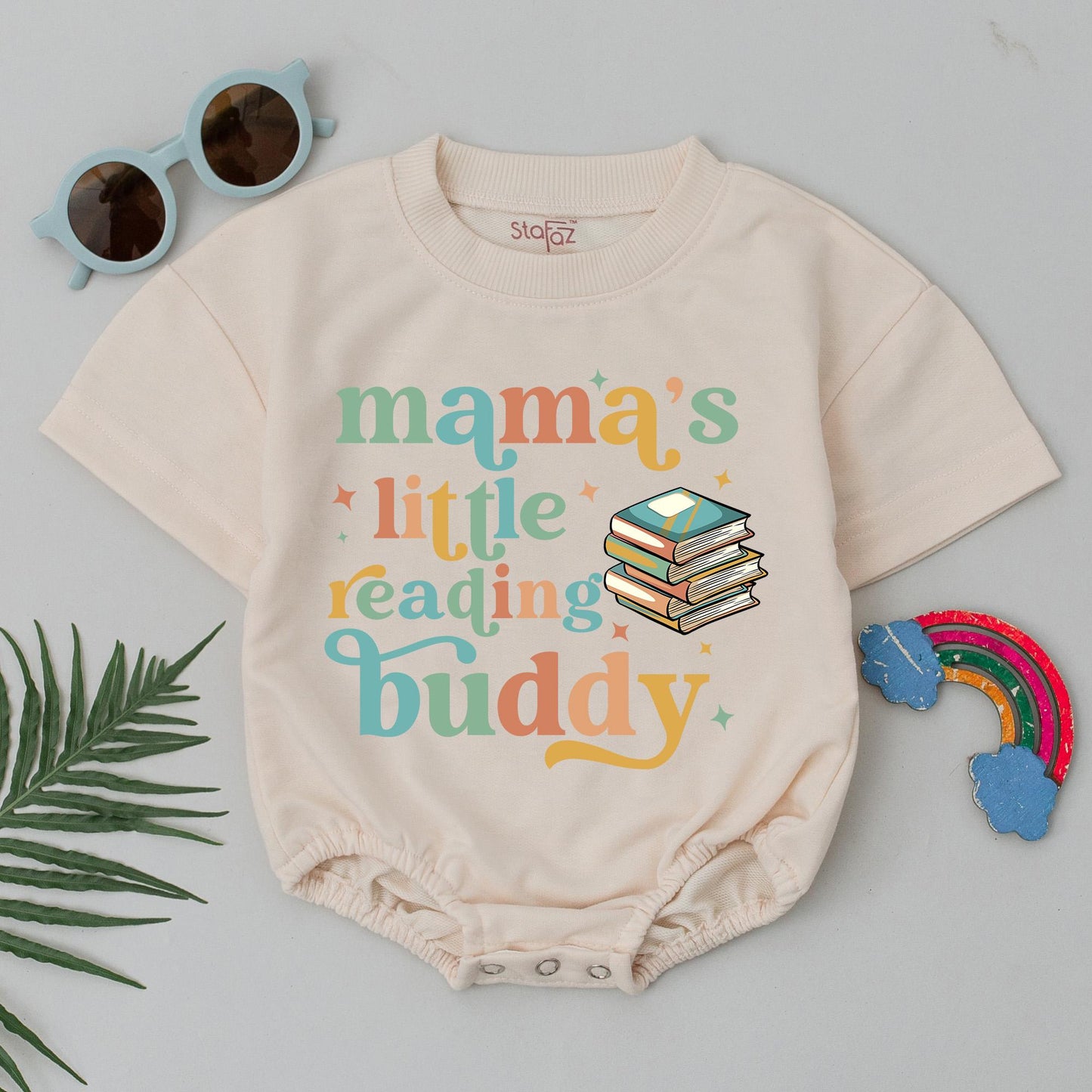 Mama's Little Reading Buddy Baby Romper with Playful Colorful Books and Stars Cute Book Lover Baby Shower Gift Outfit Bodysuit