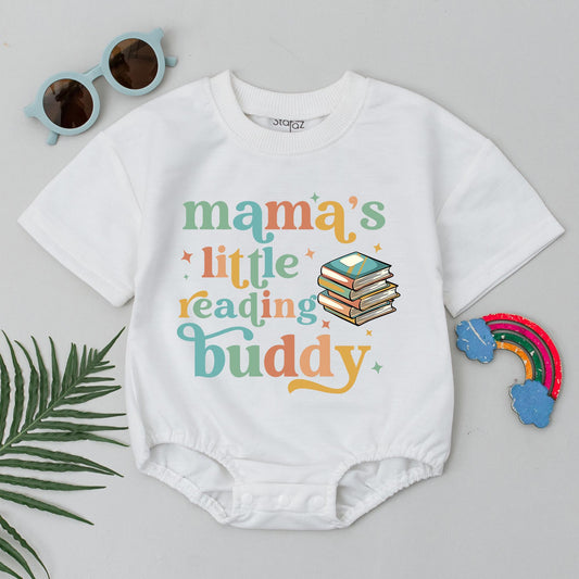 Mama's Little Reading Buddy Baby Romper with Playful Colorful Books and Stars Cute Book Lover Baby Shower Gift Outfit Bodysuit