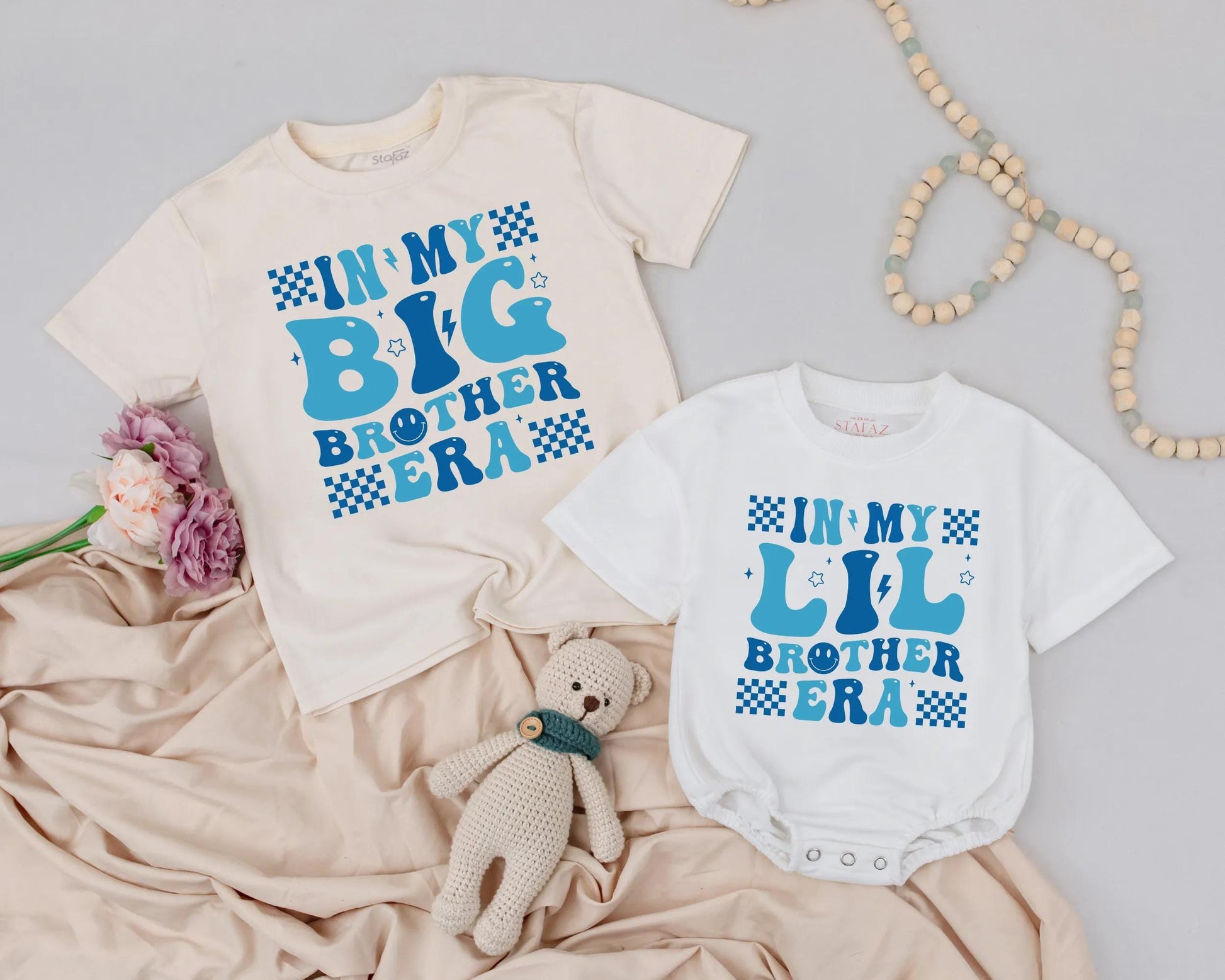 Personalized Big Brother Lil Brother Matching Outfits Retro Blue Checkerboard Era Shirt & Romper Sibling Boy Announcement Gift