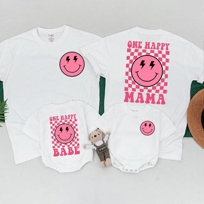 One Happy Babe Birthday Shirt First Birthday Outfit Matching Family Mommy and Me Baby Bodysuit Cute Smiley Face Design