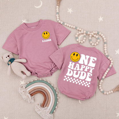 Custom One Happy Dude Baby Romper Smiley Face Birthday Outfit Boy First Birthday Bodysuit Retro Checker Party Gift
