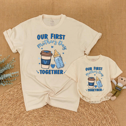 Our First Mother's Day Together Matching Mommy and Son Outfit Shirts for New Mom and Baby Boy Comfortable Cotton Keepsake Gift