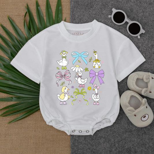 Spring Floral Goose Baby T-shirt Bubble Romper Cute Goose Short Sleeve Outfit for Baby Girls Perfect Coming Home Gift Soft Cotton Comfortable