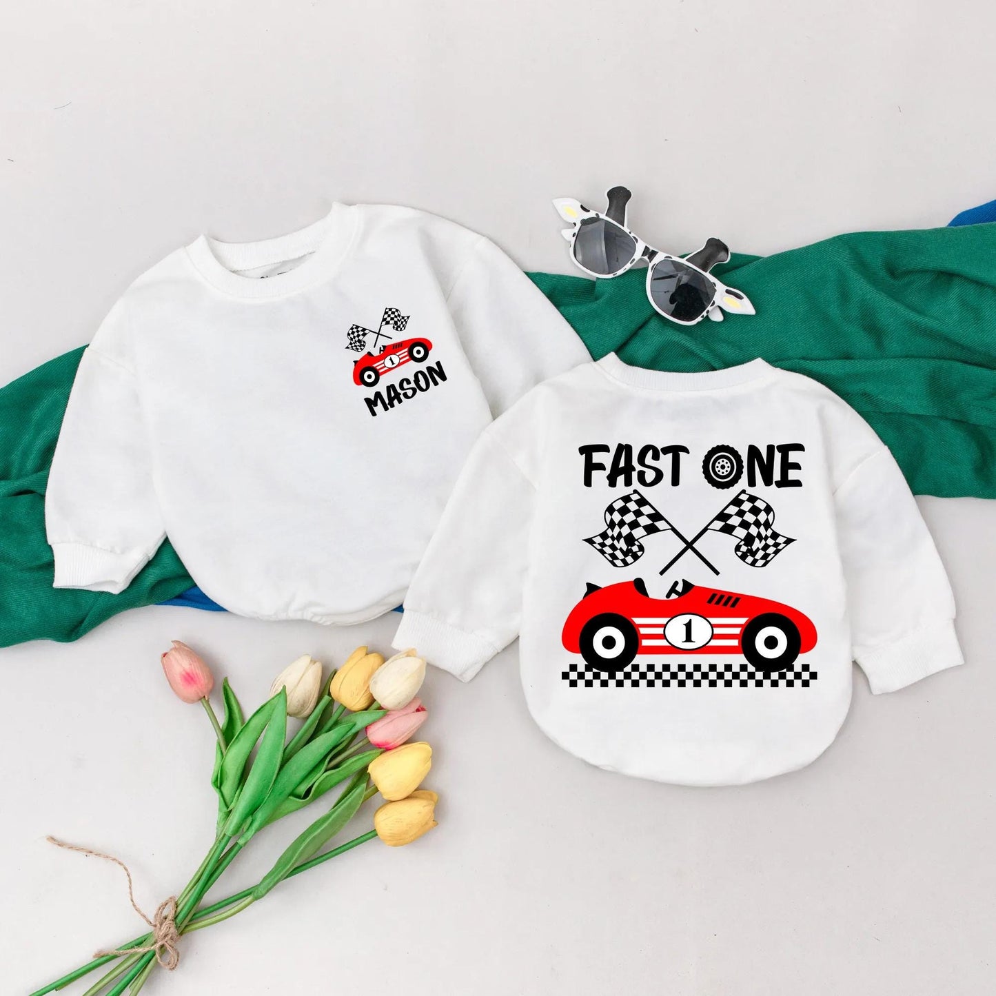 Personalized Fast One Racecar 1st Birthday Boy Romper Outfit, Playful Cartoon Car Checkered Flag Smash Cake One Year Old Soft Baby Gift