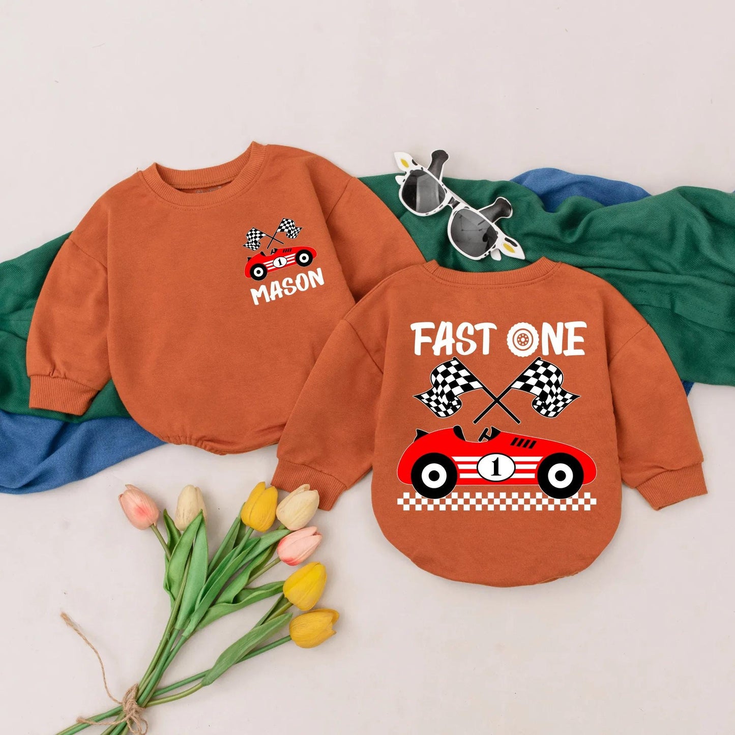 Personalized Fast One Racecar 1st Birthday Boy Romper Outfit, Playful Cartoon Car Checkered Flag Smash Cake One Year Old Soft Baby Gift