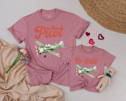Matching Pilot Dad & Son Tees Cute Airplane Family Shirts Father's Day Birthday Gift Outfit