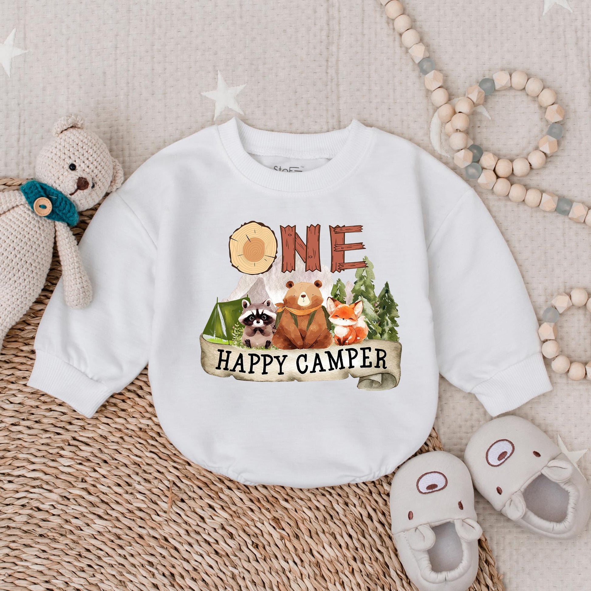 One Happy Camper Bubble Romper Adventure Birthday Bodysuit for Boys First Birthday Outfit Camping Theme Celebration