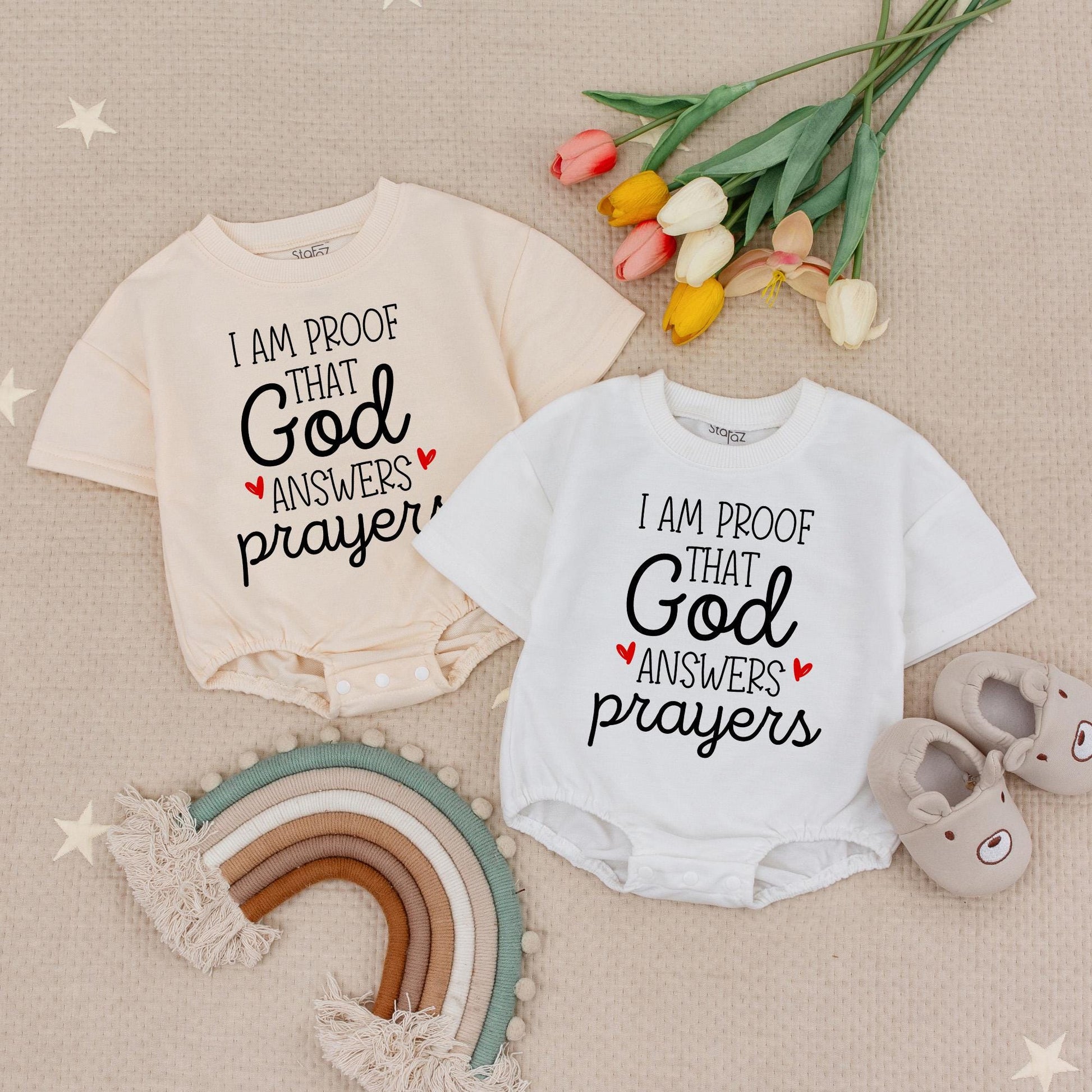 I Am Proof That God Answers Prayers Baby Romper Black Lettering Red Hearts Newborn Announcement Bodysuit Little Answered Prayer Pregnancy Reveal