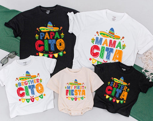 Personalized My First Fiesta Birthday Shirt for Baby Boy Girl, Matching Family Mexican Party Outfit Mama Cita Papacito Taco Celebration