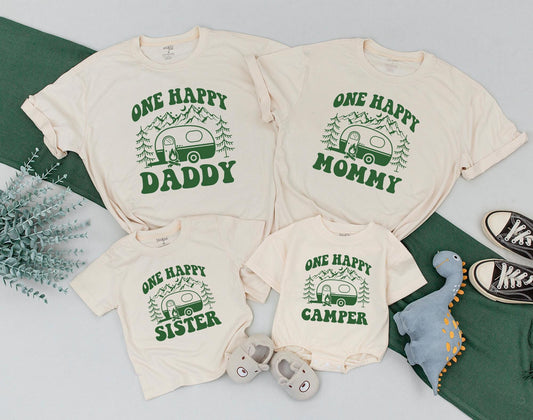 One Happy Camper Matching Family Shirts Custom Daddy Mommy Camping Bodysuit Family Vacation 1st Birthday Outfit