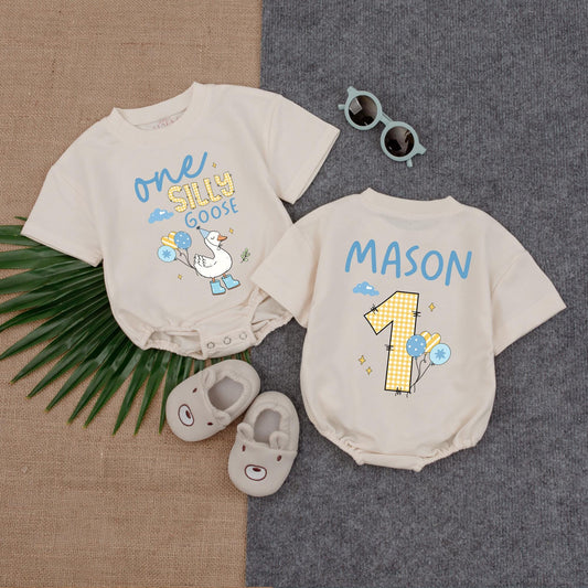 Custom "One Silly Goose" Boy Baby Bubble Romper – Personalized Baby Outfit – Funny Baby Boy Romper – Perfect for 1st Birthday or Photoshoots
