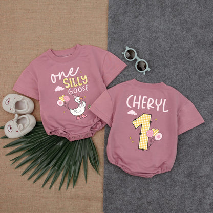 Custom Girl One Silly Goose T-shirt Baby Romper, 1st Birthday Silly Goose Bodysuit, Silly Goose Birthday Outfit, Short Sleeve Bubble Romper