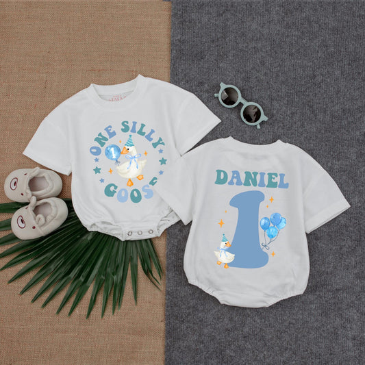 Custom One Boy Silly Goose 1st Birthday Romper, Baby Boy Outfit, Silly Goose Bodysuit, First Birthday Gift, Short Sleeve Bubble Romper