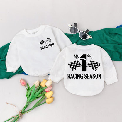 Personalized Fast One Racing Romper for Baby Boy's 1st Birthday, Race Car Theme Outfit, Custom Bodysuit, Baby Shower Gift (139 chars)