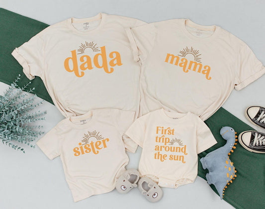 Sunshine First Birthday Trip Around The Sun Shirt Matching Family Outfits Groovy Vibes Baby Bodysuit Mommy and Me