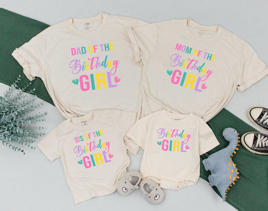 Vibrant Colorful Birthday Girl Family Matching Shirts Mom Dad Kids Fun Celebration Party Outfit Soft Comfortable Cotton Tee Gift Idea