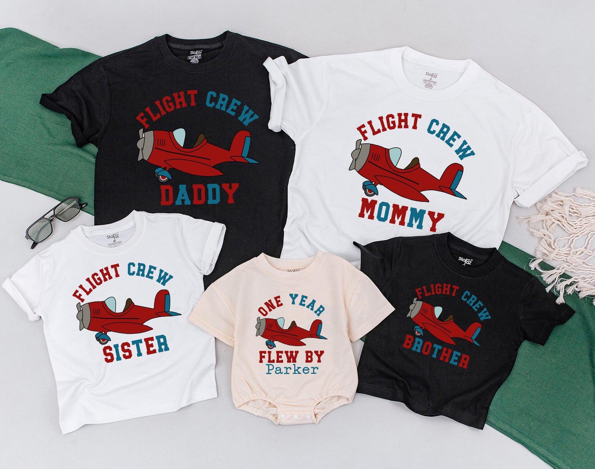 First Birthday Flight Crew Family Shirts: Custom Names Airplane Party Outfit, Birthday Boy's One Year Flew By, Dad Mom Brother Sister