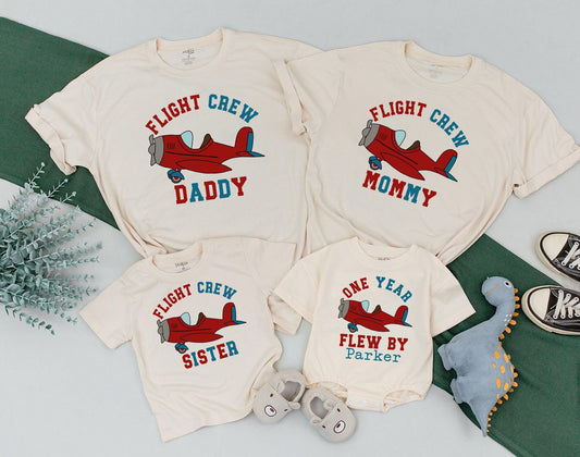 First Birthday Flight Crew Family Shirts: Custom Names Airplane Party Outfit, Birthday Boy's One Year Flew By, Dad Mom Brother Sister