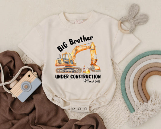 Big Brother Under Construction Baby Romper Personalized Pregnancy Announcement Outfit Due Date Construction Theme Gift