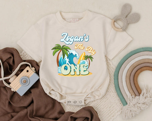 The Big One Bubble Romper Custom Surf Birthday Shirt Beach Theme Party Outfit Personalized Boy First Birthday Gift