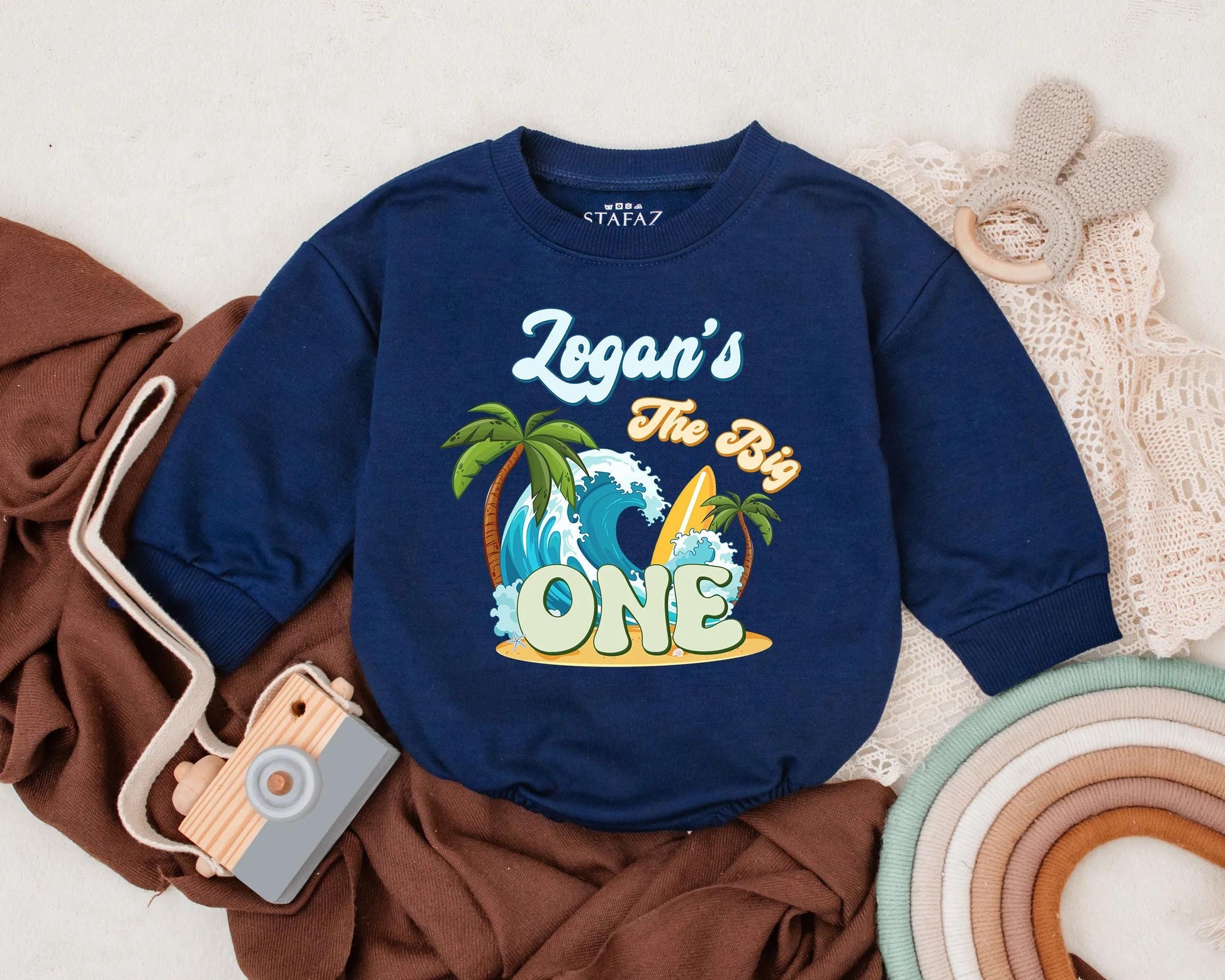 The Big One Bubble Romper Custom Surf Birthday Shirt Beach Theme Party Outfit Personalized Boy First Birthday Gift