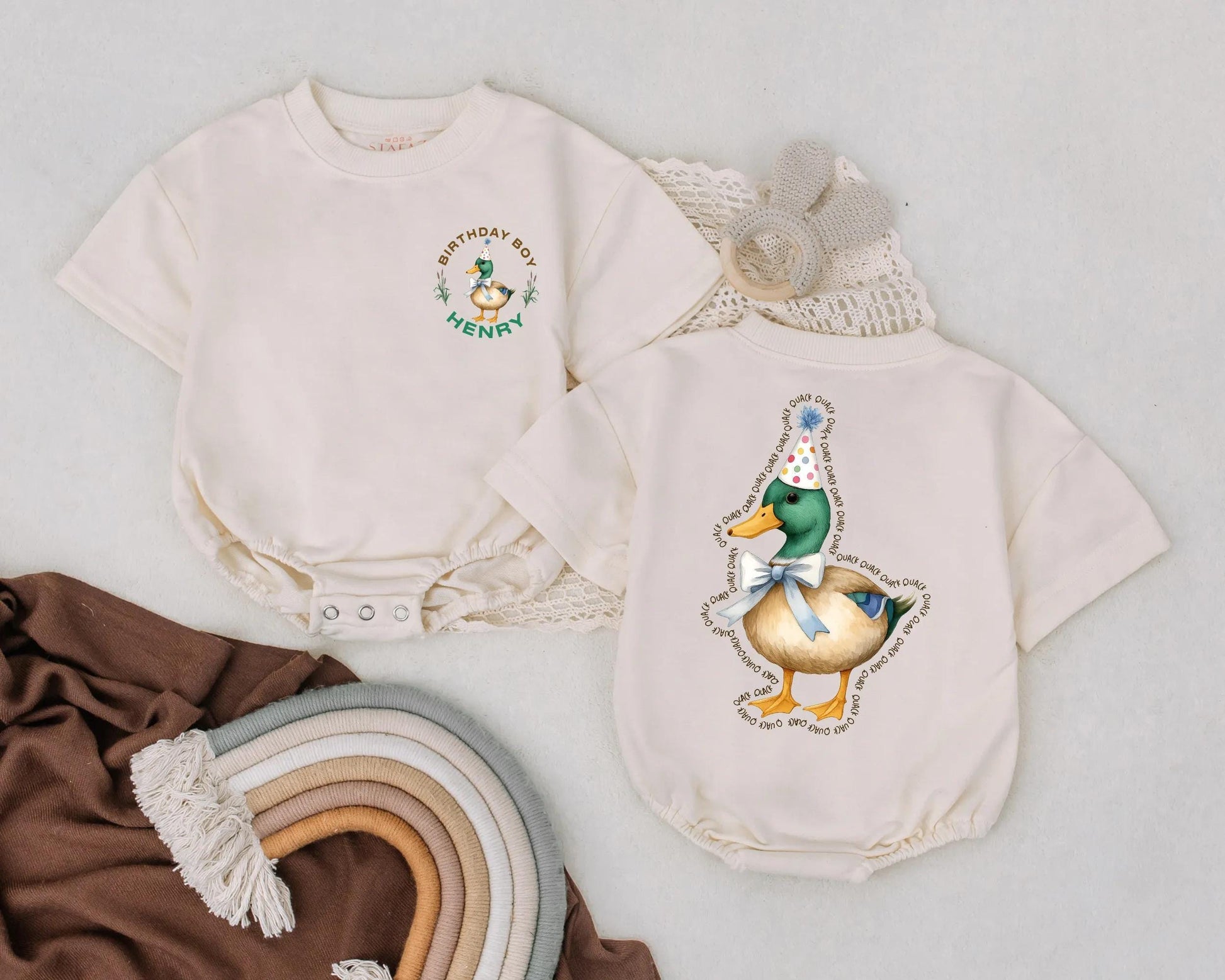 Mallard Duck 1st Birthday Baby Romper Personalized Outfit for Boy or Girl - Cute Duck Bubble Romper, Farm Animal Baby Shower Gift