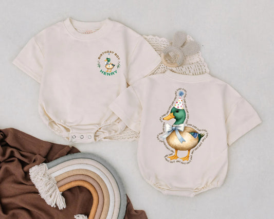 Mallard Duck 1st Birthday Baby Romper Personalized Outfit for Boy or Girl - Cute Duck Bubble Romper, Farm Animal Baby Shower Gift