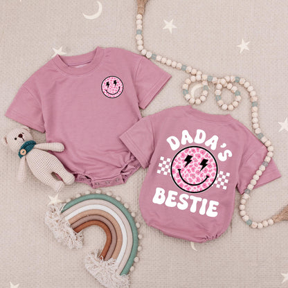Dada's Bestie Baby Girl Romper with Pink Leopard Smiley Face & Lightning Bolts Outfit, Daddy's Girl Gift