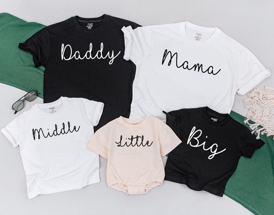 Matching Big Middle Little Sibling Shirts, Family Announcement Outfits, Baby Romper & Toddler Tee Gifts