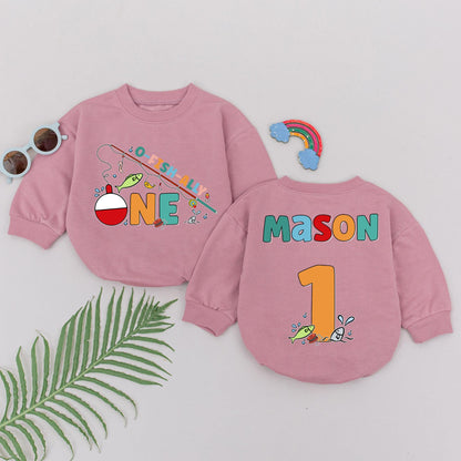 Personalized O-Fish-Ally One Romper, Fishing Birthday Boy Outfit, Custom Name 1st Birthday Baby Bodysuit, Smash Cake, Red & Blue Tackle Design 130-140 chars