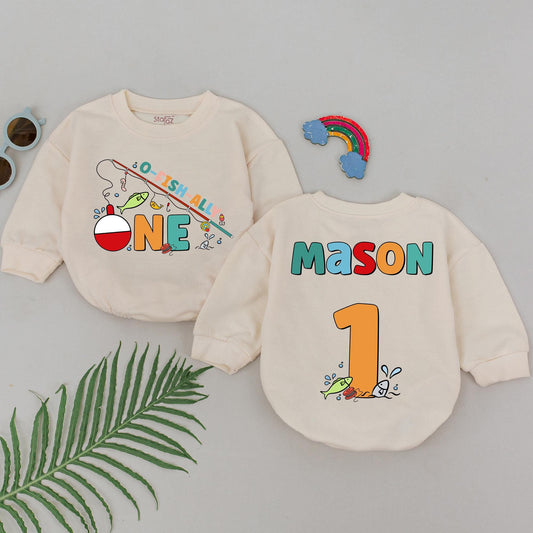 Personalized O-Fish-Ally One Romper, Fishing Birthday Boy Outfit, Custom Name 1st Birthday Baby Bodysuit, Smash Cake, Red & Blue Tackle Design 130-140 chars